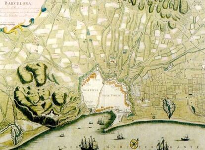 Alcantarillado y rieras del Plan de Barcelona según Nicolas Visscher de Amsterdam, 1706