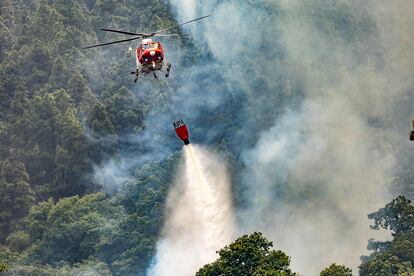 Un hidroavión trabaja en la extinción del incendio en La Orotava, el sábado.
