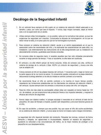 Decálogo de Seguridad Víal Infantil.