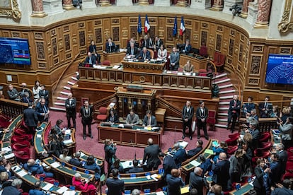 French Senators applaud the results after a vote on constitutional law on abortion during a debate at the French Senate in Paris, France, 28 February 2024.