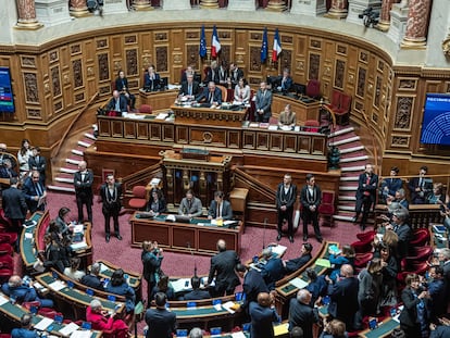 French Senators applaud the results after a vote on constitutional law on abortion during a debate at the French Senate in Paris, France, 28 February 2024.