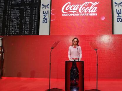 La presidenta de Coca-Cola Iberian Partners, Sol Daurella, durante el inicio de la cotizaci&oacute;n de la compa&ntilde;&iacute;a en las bolsas espa&ntilde;olas, en un acto celebrado ayer en la Bolsa de Madrid.