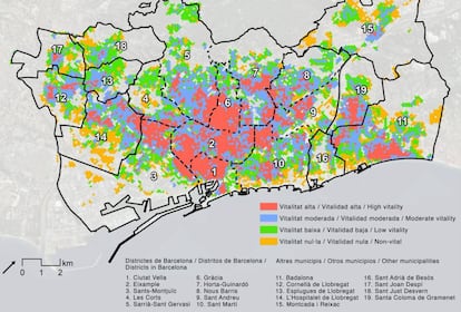 Mapa de la vitalitat urbana de Barcelona.