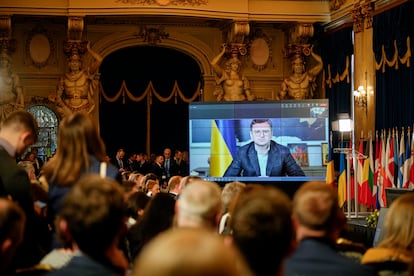 Ukrainian Foreign Minister Dmytro Kuleba addresses the participants via video link at the first edition of the Black Sea Security Conference on April 13, 2023.