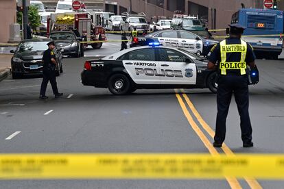 Police officers respond after an officer was stabbed in Spectra Boutique Apartments on May 17, 2018, in Hartford, Conn