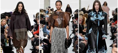 Distintas propuestas de la colección primavera-verano del desfile de Céline celebrado hoy en París.