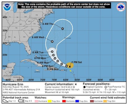 Trayectoria del huracán Erin, 17 de agosto
