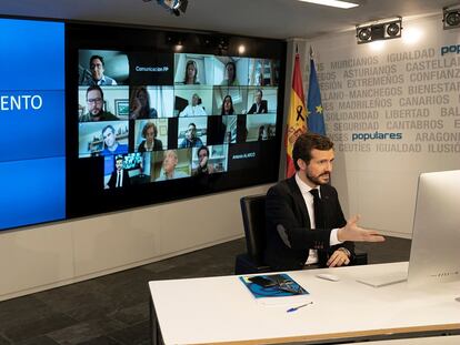 El presidente del Partido Popular, Pablo Casado, el pasado viernes, durante la videoconferencia con la comisión de seguimiento de la Covid-19 del PP.