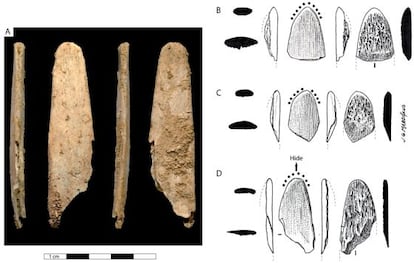 Uno de los alisadores de pieles hechos por los neandertales fotografiado desde cuatro lados diferentes, y esquemas.