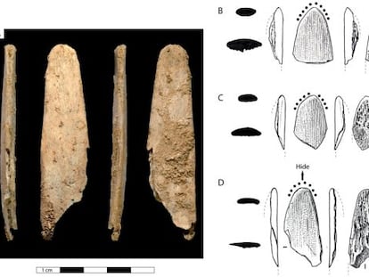 Uno de los alisadores de pieles hechos por los neandertales fotografiado desde cuatro lados diferentes, y esquemas.