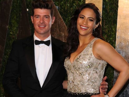 Robin Thicke y Paula Patton en la fiesta Vanity Fair de los Oscar 2012. 