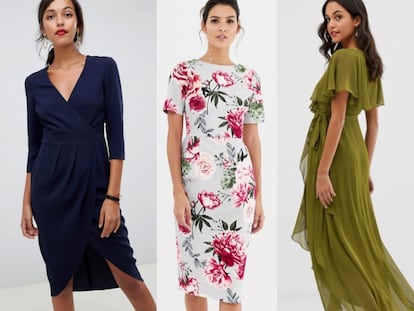 De izquierda a derecha: vestido de satén, vestido con falda cruzada, vestido midi de flores y vestido largo vaporoso. Todos se pueden encontrar en Asos