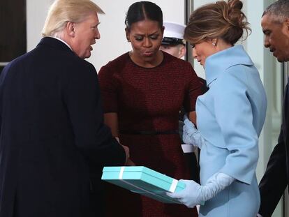 Donald y Melania Trump y Michelle y Barack Obama en la Casa Blanca el 20 de enero de 2017.