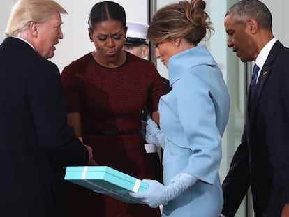 Donald y Melania Trump y Michelle y Barack Obama en la Casa Blanca el 20 de enero de 2017.