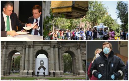 Arriba, el concejal de Vox Javier Ortega Smith firma con Almeida el pacto para votar a favor de la investidura y, a la derecha, con la vicealcaldesa Begoña Villacís en la eliminación del espacio peatonal de Galileo. Abajo, con representates de todos los grupos en la Puerta de Alcalá y a la salida de la morgue en el Palacio de Hielo de Madrid.