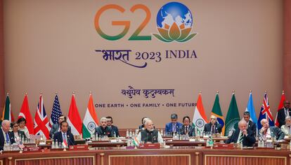 Indian Prime Minister Narendra Modi addressing the G20 Summit at ITPO Convention Centre Pragati Maidan in New Delhi, India, on September 9, 2023.