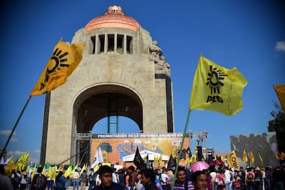 Supporters of the leftwing PRD protest against a constitutional reform proposed by President Pe&ntilde;a Nieto to open up state oil monopoly Pemex to foreign investment.