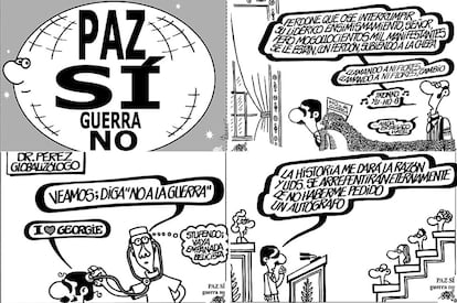 El “no a la guerra” ha sido una constante en las viñetas de Forges. El humorista gráfico apoyó con sus dibujos el clamor contra la invasión estadounidense de Irak en 2003, apoyada por el Gobierno de José María Aznar.