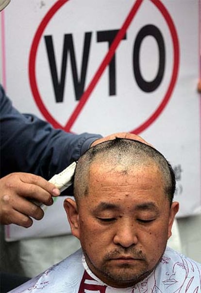 Un activista antiglobalización se afeita  la cabeza en protesta contra la OMC.