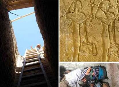 A la izquierda, pozo funerario en el exterior de la tumba Hery. Arriba, a la derecha, relieve de bailarines en la tumba de Djehuty. Abajo, la arqueóloga Selima Ikram en la cámara de las momias de pájaros de la tumba de Hery.