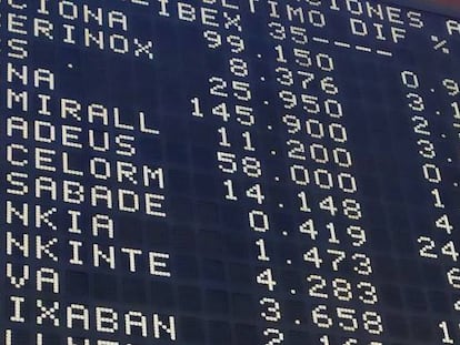 Pantalla del Ibex en la Bolsa de Madrid, este martes.
