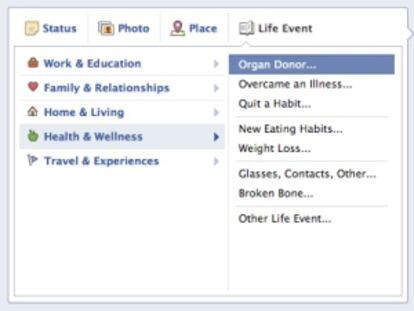 Panel para añadir la información como donante en Facebook.