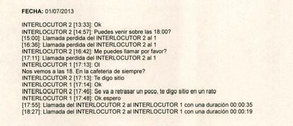Cruce de mensajes destacado en el informe de Asuntos Internos, que identifica al "interlocutor 2" como José Luis Ortiz y al "interlocutor 1" como Villarejo.