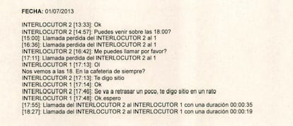 Cruce de mensajes destacado en el informe de Asuntos Internos, que identifica al "interlocutor 2" como José Luis Ortiz y al "interlocutor 1" como Villarejo.