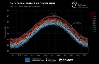 Temperatura global diaria del aire en la superficie (°C) desde el 1 de enero de 1940 hasta el 23 de julio de 2023, representada como serie temporal para cada año.