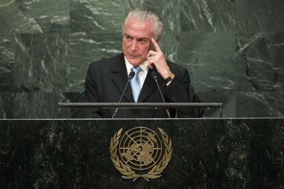 Brazilian President Michel Temer delivers his speech at the UN General Assembly.