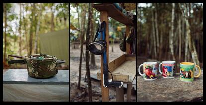 Algunos de los utensilios que utilizan para comer y tomar en el campamento.