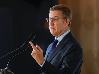 El presidente del PP, Alberto Núñez Feijóo, este lunes en Madrid.