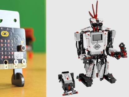 A la izquierda de la imagen, una placa de programación de Micro:bit y, a la derecha, el robot Lego Mindstorms.