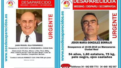 Los carteles con las imágenes de los desaparecidos Isla y González.