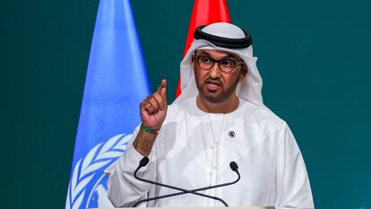 Minister of Industry of the United Arab Emirates and president of the COP28 climate summit Sultan al Jaber giving a speech in Dubai this Thursday.