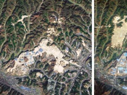 A cidade de Shiyan, antes (2010) e depois (2012) do aplanamento.