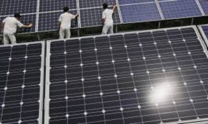 Trabajadores colocan paneles solares en China. EFE/Archivo