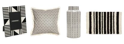Marco de fotos de Maisons du Monde (17,99 €), funda de cojín de H&M (14,99 €), y jarrón (35,99 €) y felpudo de Zara Home (19,99).