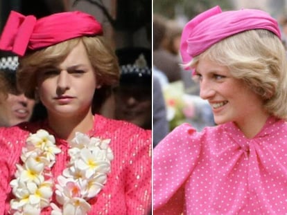 Emma Corrin como Diana de Gales y, a la izquierda, la princesa con un traje muy similar en Perth (Australia) en 1983.