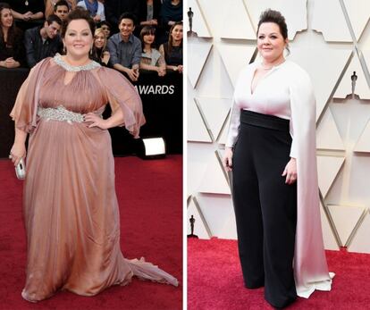 La actriz Melissa McCarthy, en los premios Oscar de 2012 y en los de 2019.