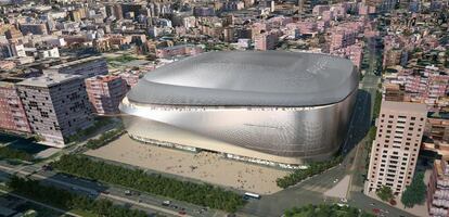 Maqueta presentada en 2014 sobre la remodelaci&oacute;n del Santiago Bernab&eacute;u.