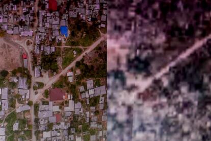 Estas dos imágenes revelan la diferencia de calidad del mapa que están realizando desde la Universidad (izquierda) y el del año 2004 (derecha). Se fotografía para obtener una resolución de siete centímetros por pixel.