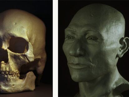 A la izquierda, reconstrucción del cráneo del <i>hombre de Kennewick.</i> A la derecha, de la cabeza en plástico y barro.