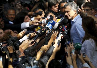 Macri speaks to the media after his victory was announced.