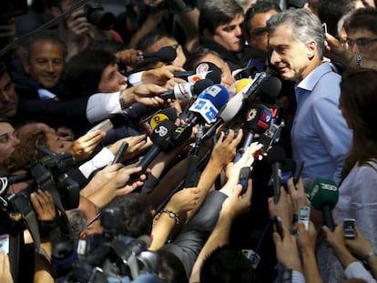 Macri speaks to the media after his victory was announced.