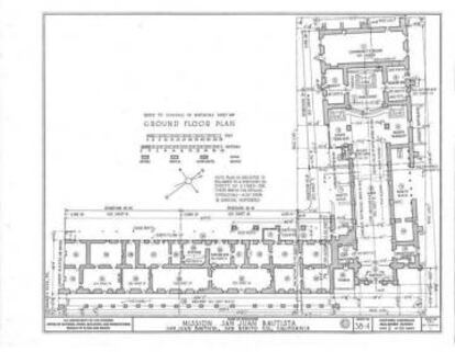 Plano de la misión de San Juan Bautista que muestra la orientación descuadrada de la iglesia.