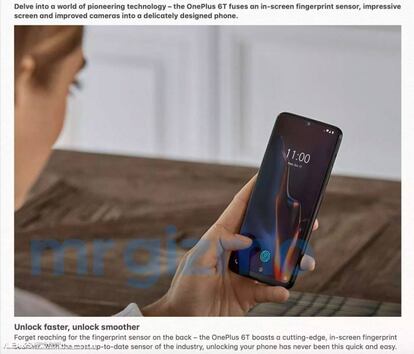 Imagen del OnePlus 6T donde se mostraría el lector de huellas bajo la pantalla