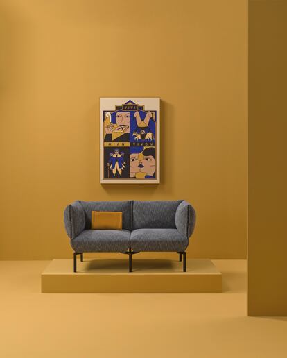 El Garaje de Sancal presenta su nueva colección de mobiliario Museo junto a la exposición 'Mujeres x Mujeres'. En la imagen, el sofá Click, diseñado por Estudio Sancal, y la obra 'Libres', de Clara-Iris Ramos.