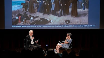 El premio Nobel de Literatura J. M. Coetzee participa en una conversación con Mariana Dimópulos en el Museo Del Prado, Madrid, el 3 de julio de 2023.
