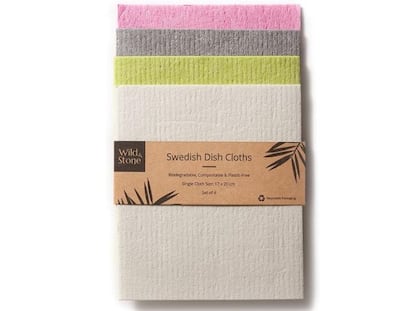 Juego de cuatro paños de cocina suecos. Fabricados con fibras naturales de madera y algodón, son compostables. SOLO 8,99€